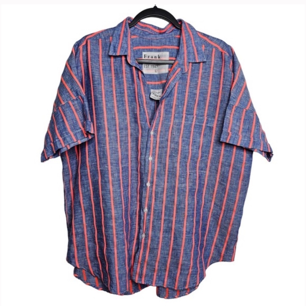 Frank & Eileen Women's Striped Linen Rose Button Up Shirt Size Large Oversized